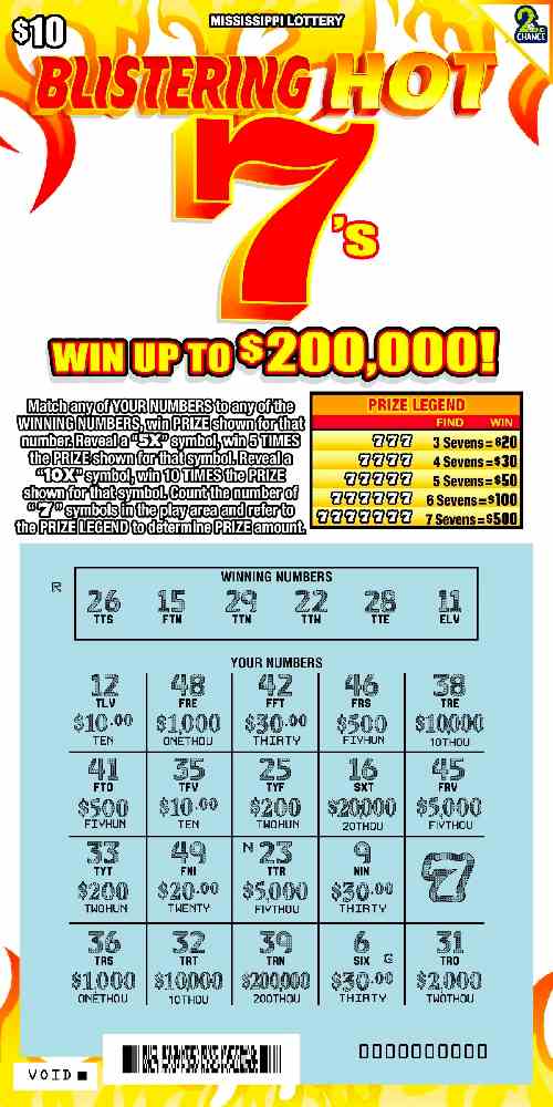 Blistering Hot 7S scratchcard - game number #91 - front-scratched