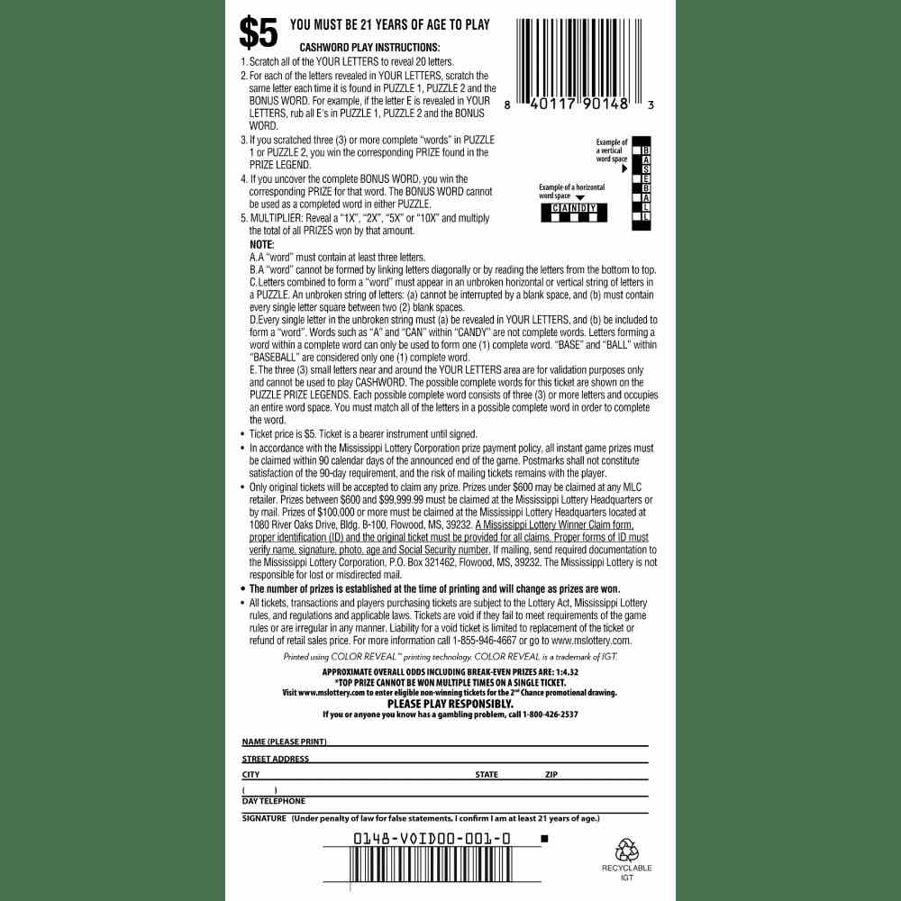 Bonus Cashword scratchcard - game number #148 - back