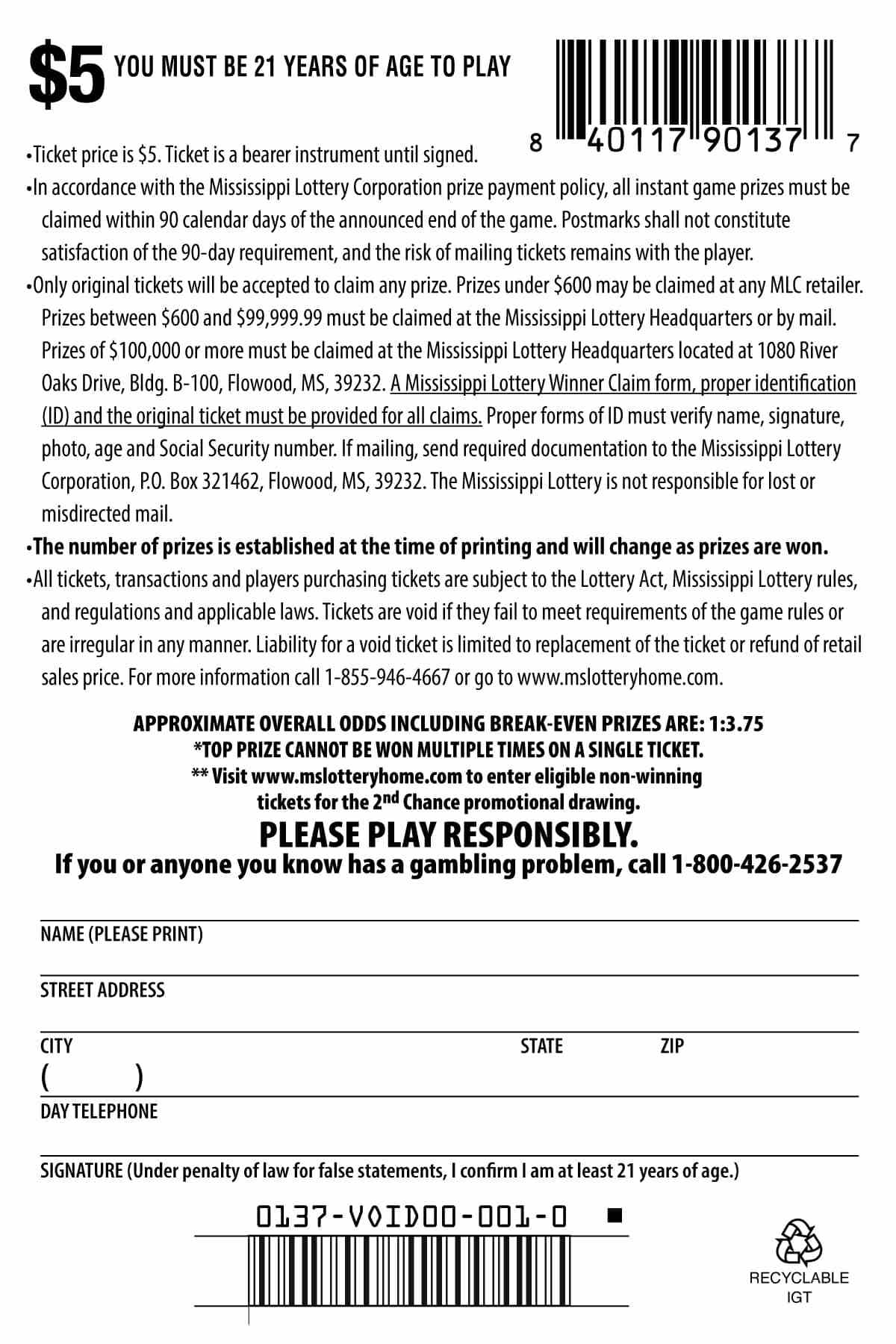 Cah Blast scratchcard - game number #137 - back