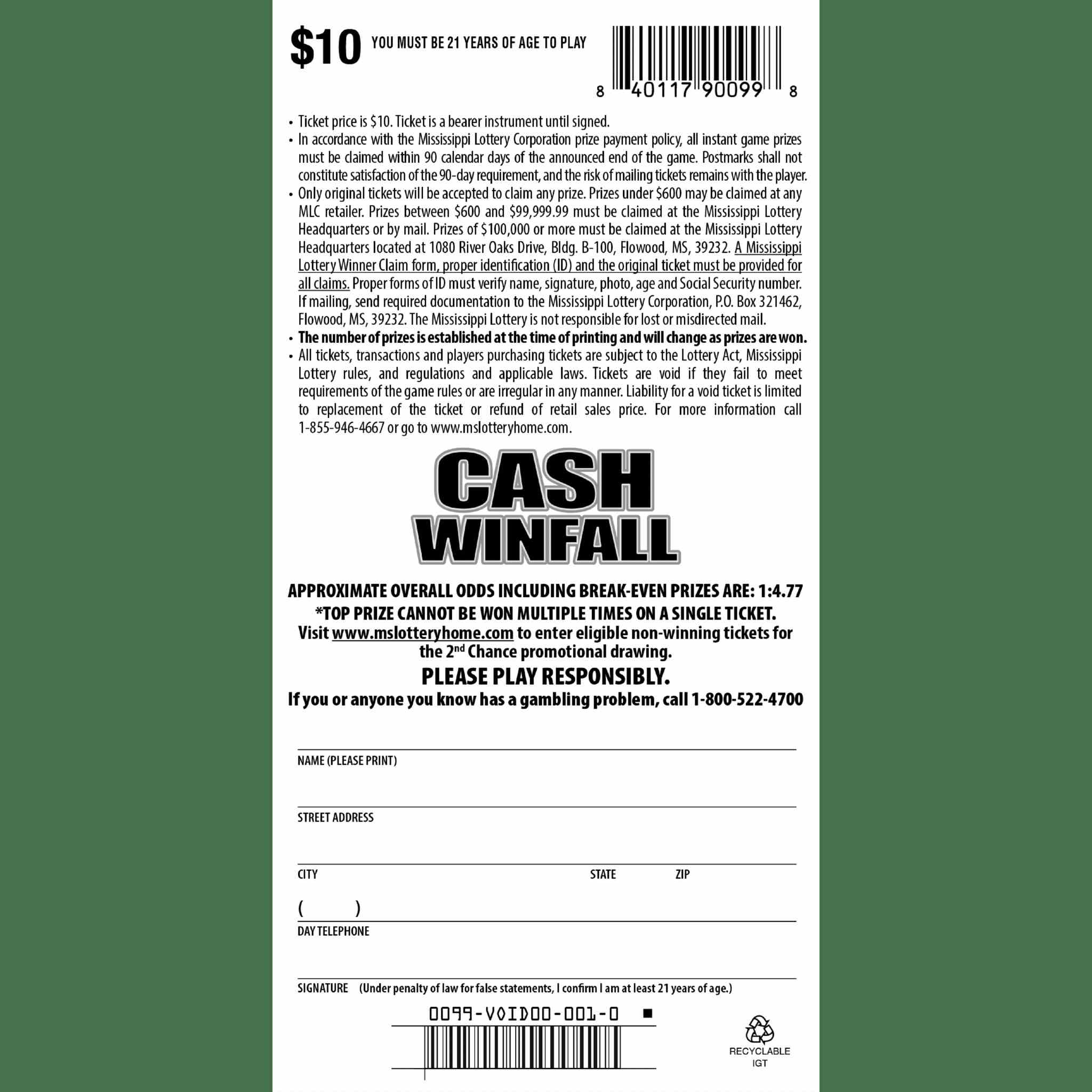 Cash Winfall scratchcard - game number #99 - back