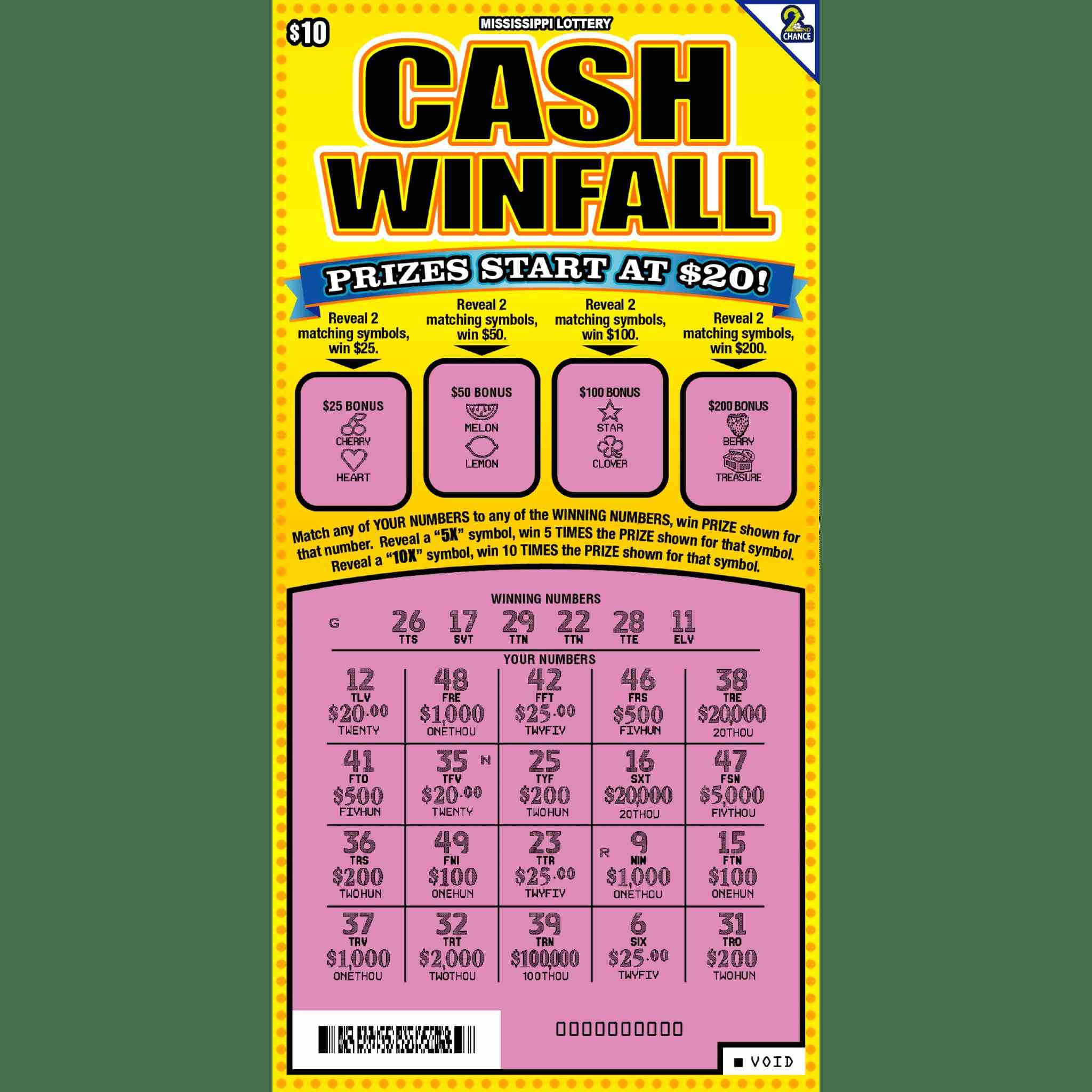 Cash Winfall scratchcard - game number #99 - front-scratched