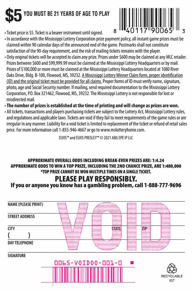 Elvis scratchcard - game number #65 - back