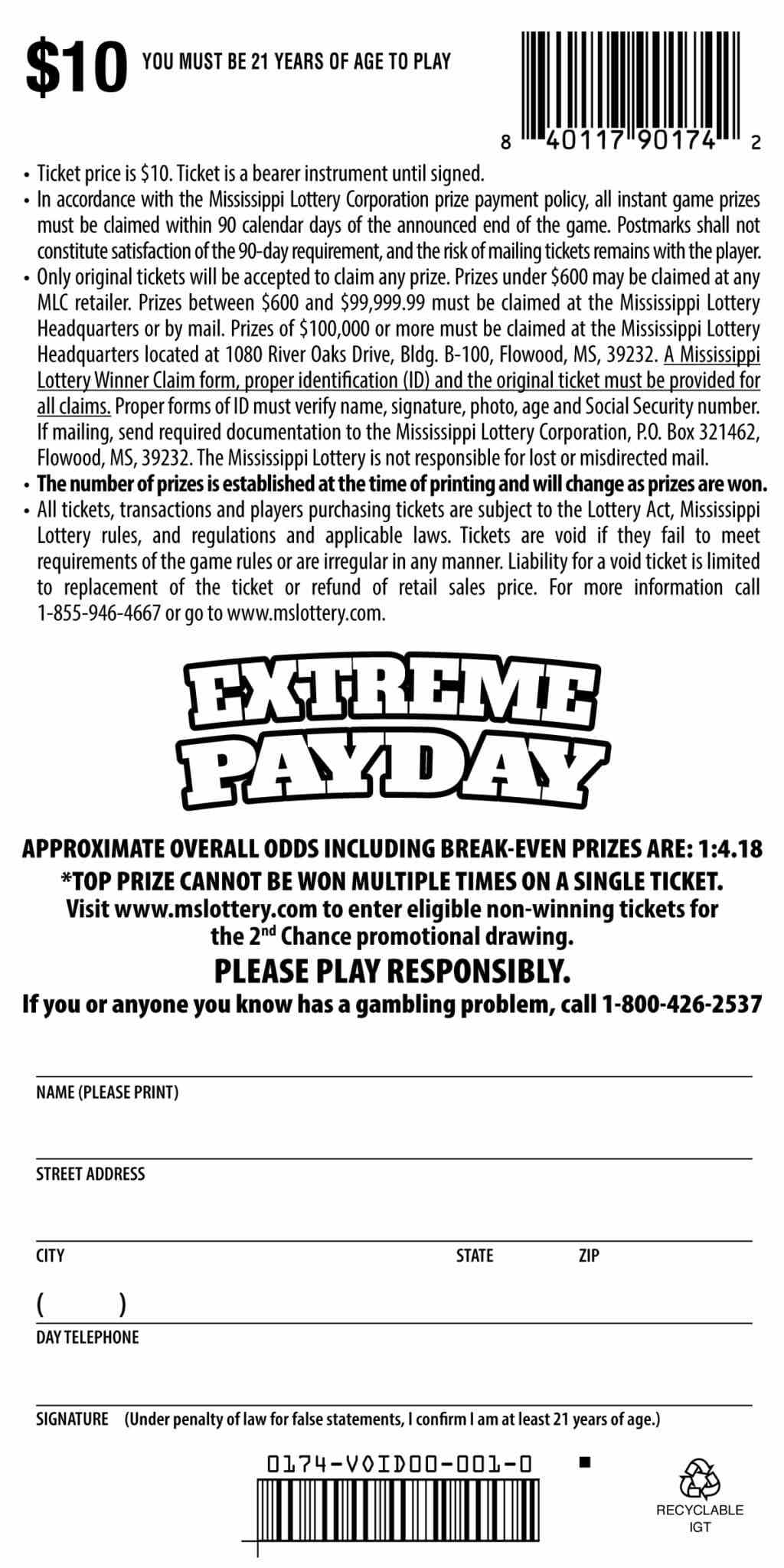 Extreme Payday scratchcard - game number #174 - back