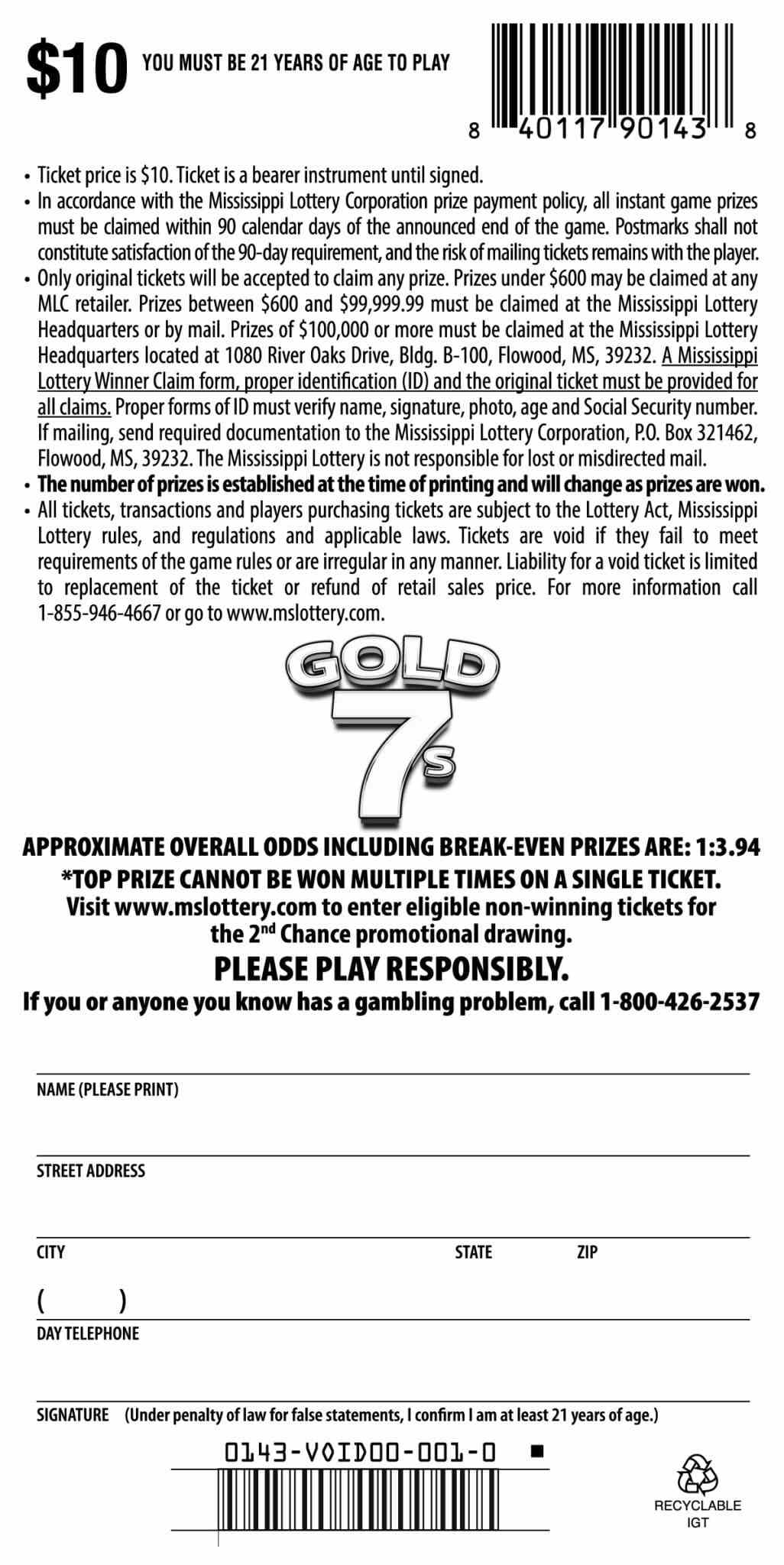 Gold 7S scratchcard - game number #143 - back