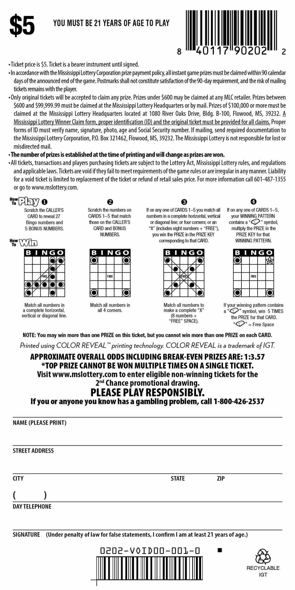 Gold Bar Bingo scratchcard - game number #202 - back