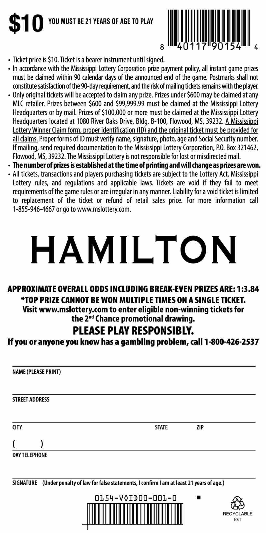 Hamilton scratchcard - game number #154 - back
