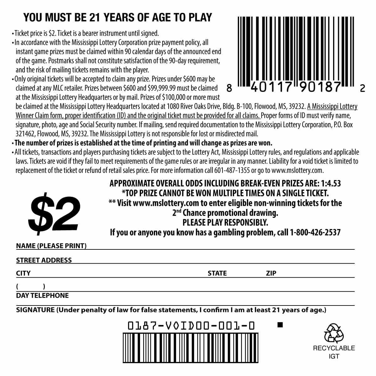 High Roller scratchcard - game number #187 - back