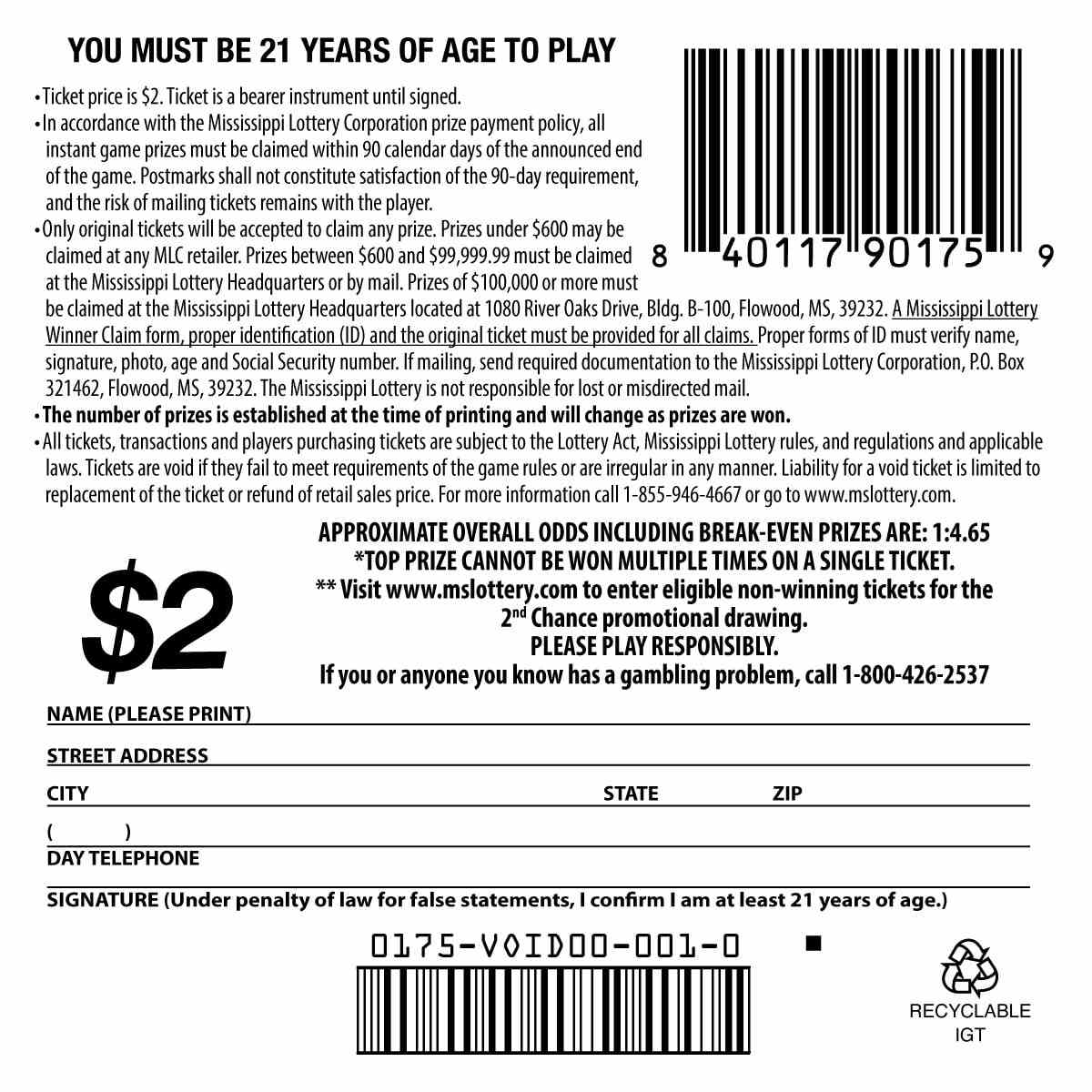 It Takes 2 scratchcard - game number #175 - back