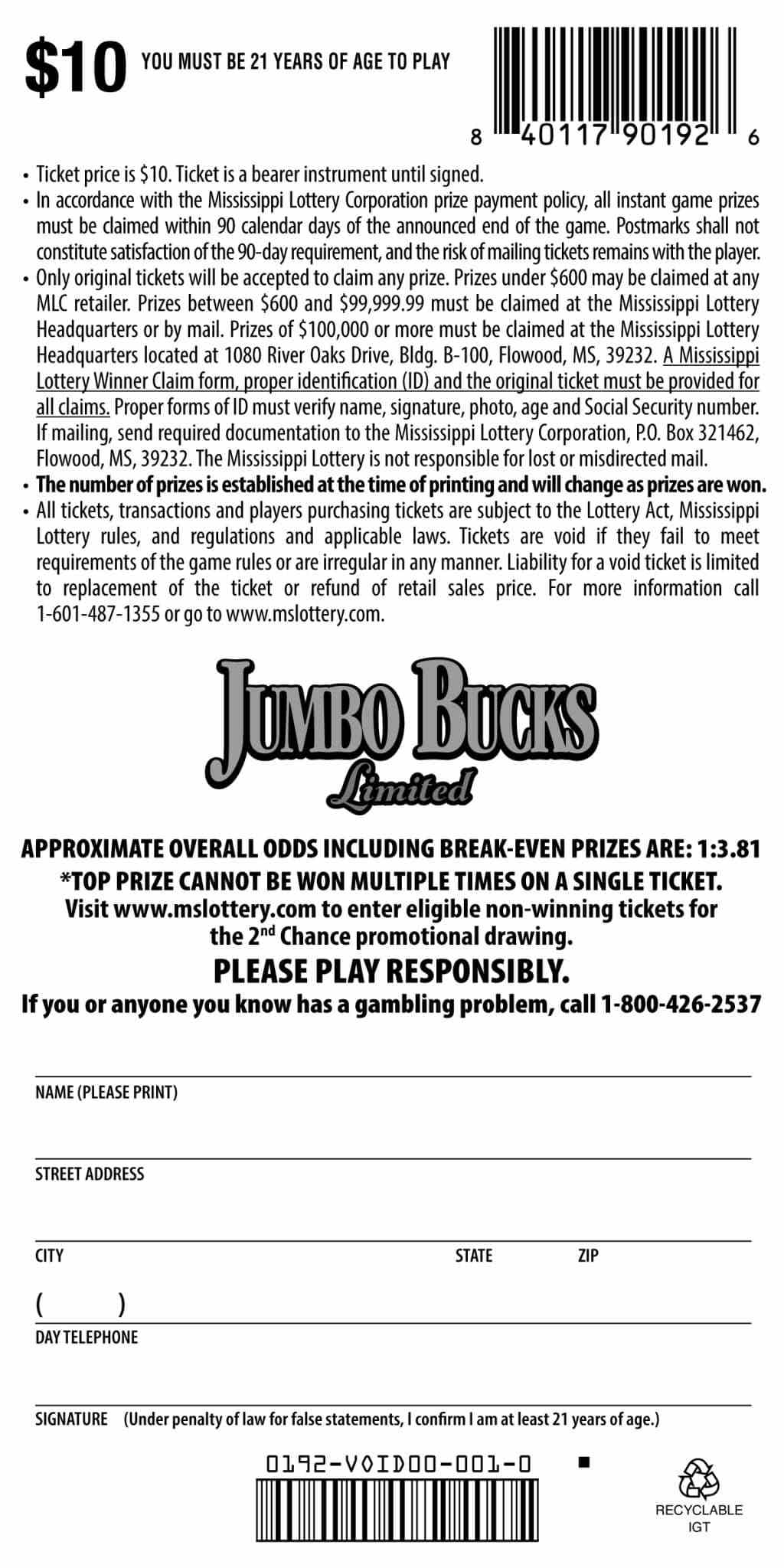 Jumbo Bucks Limited scratchcard - game number #192 - back