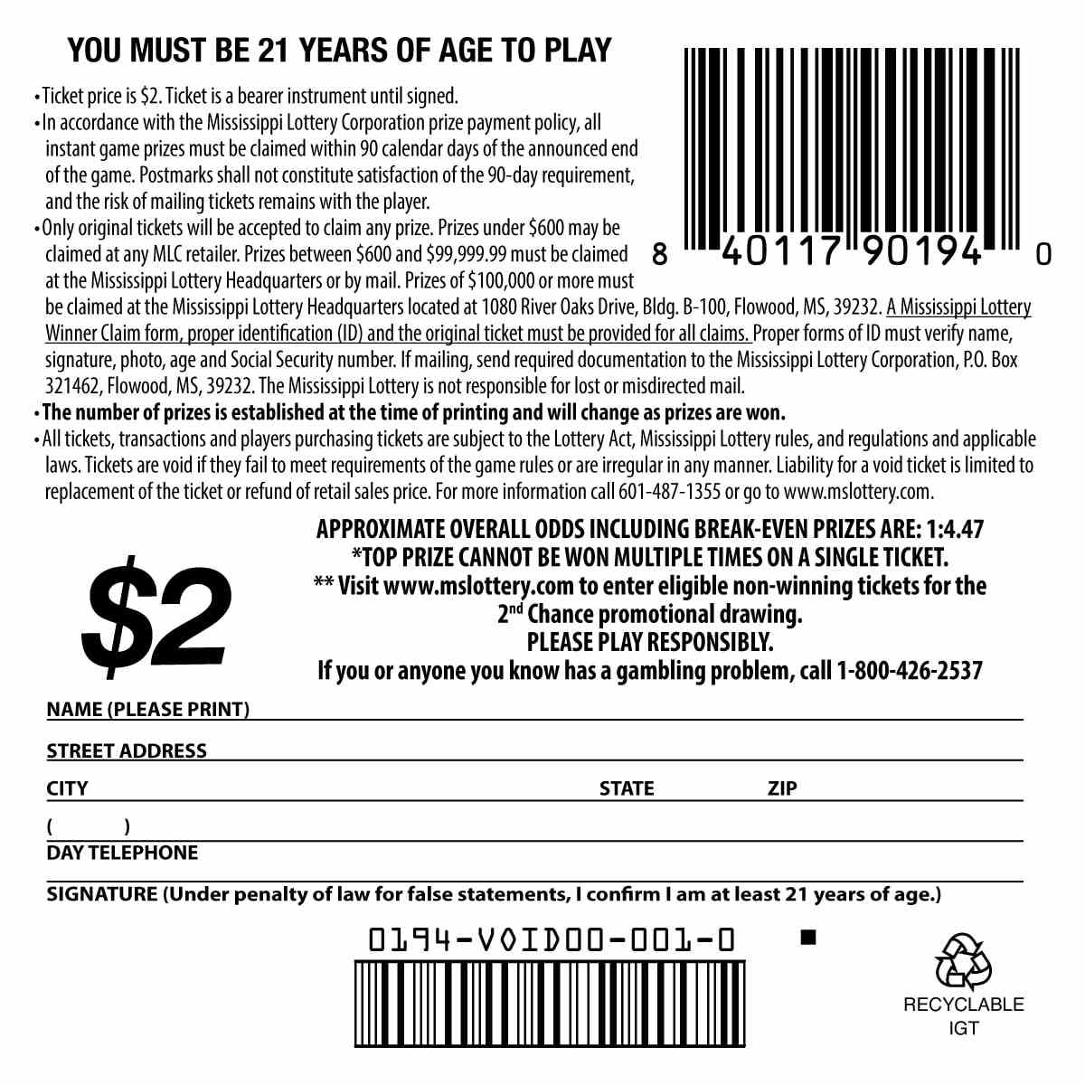 Lucky Doubler scratchcard - game number #194 - back