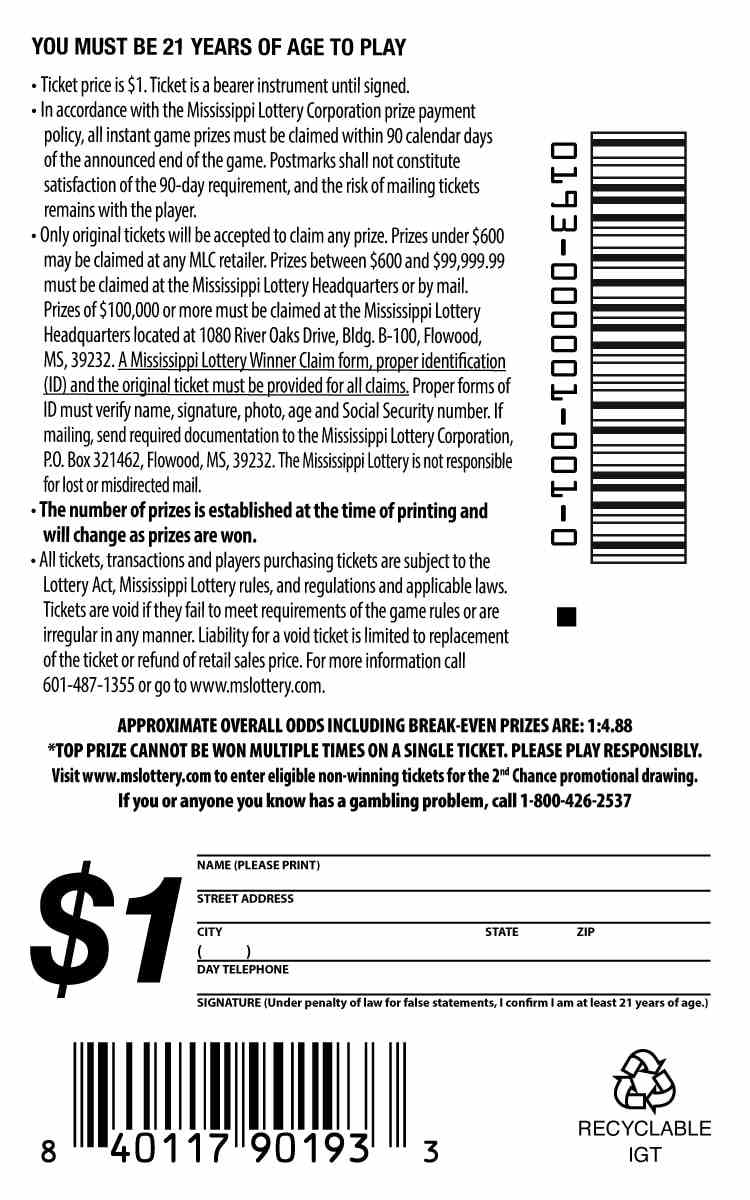 Moola scratchcard - game number #193 - back