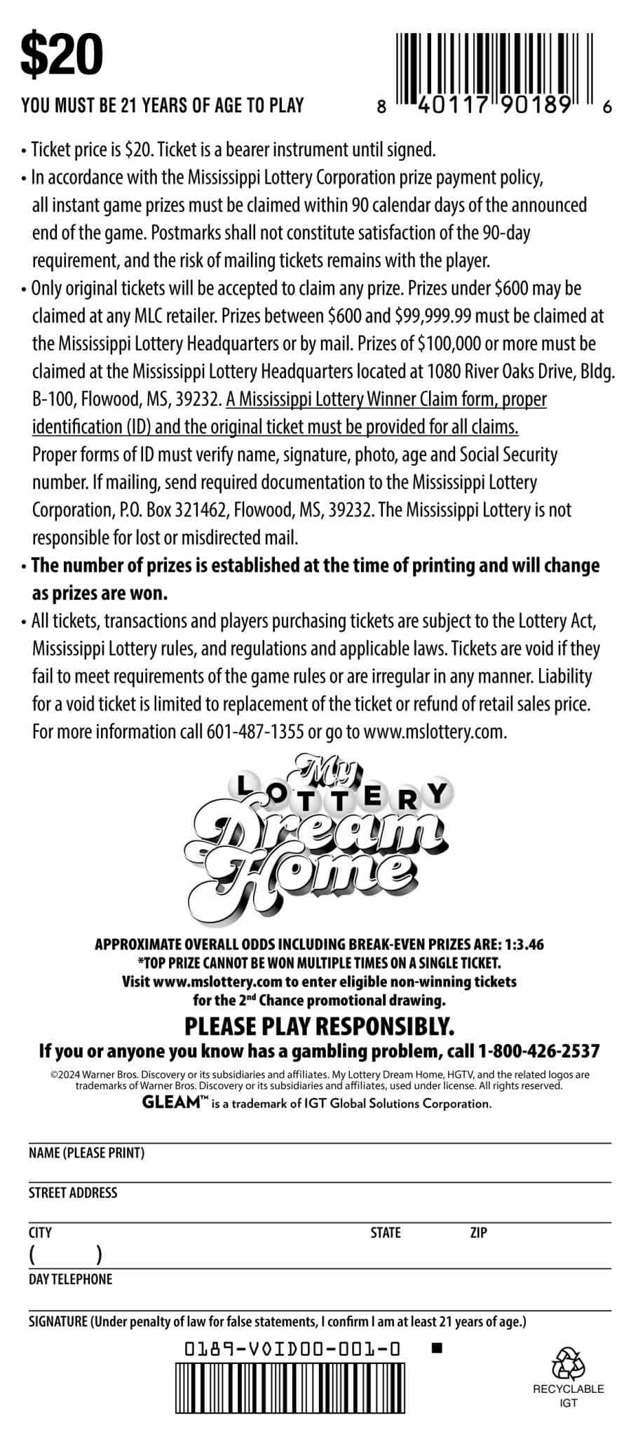 My Lottery Dream Home scratchcard - game number #189 - back