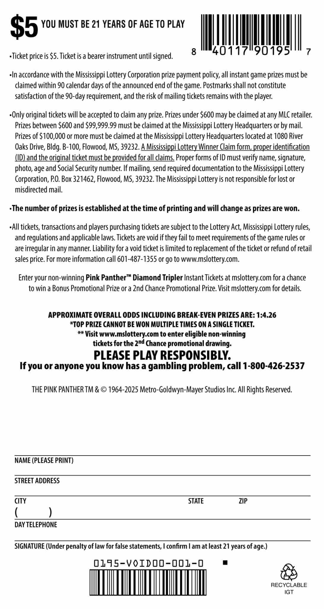 Pink Panther Diamond Tripler scratchcard - game number #195 - back