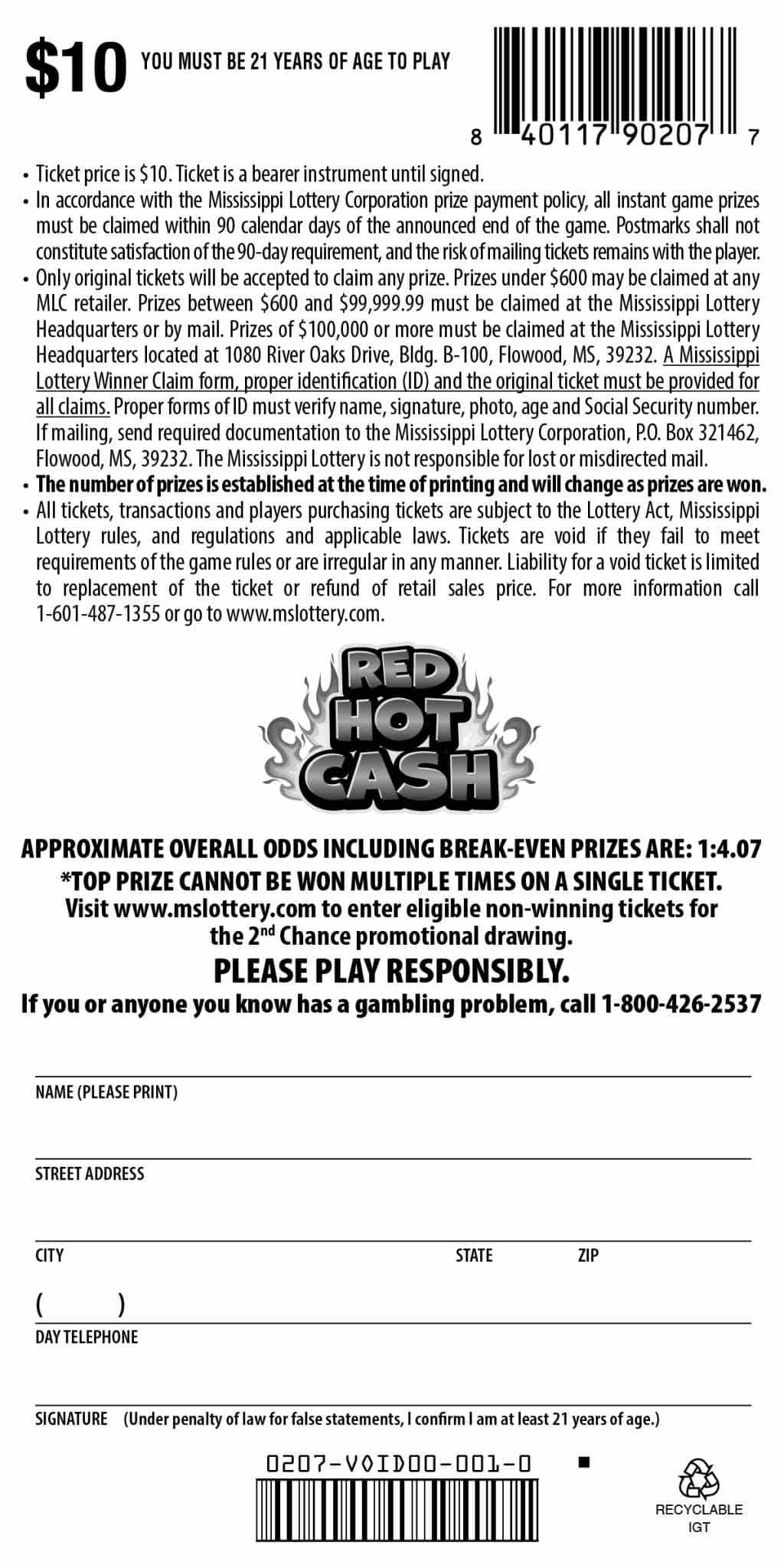 Red Hot Cash scratchcard - game number #207 - back