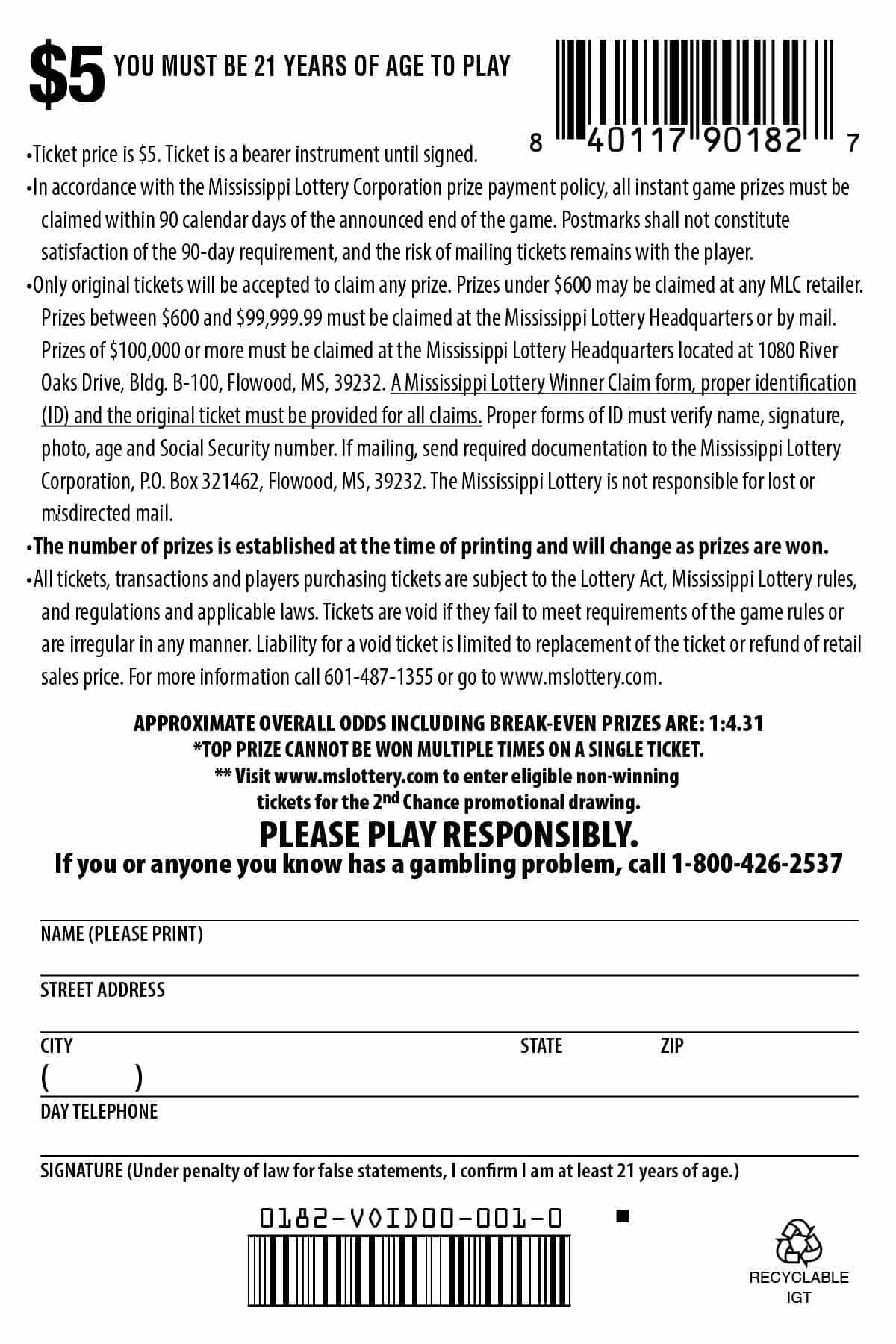 Sapphire Blue scratchcard - game number #182 - back