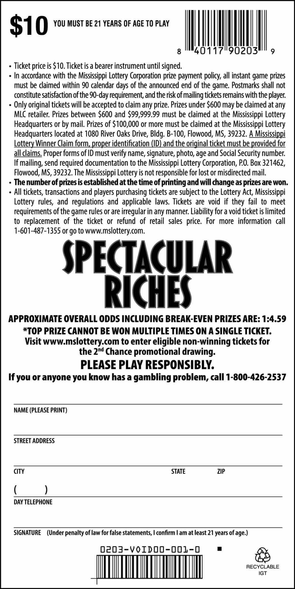 Spectacular Riches scratchcard - game number #203 - back