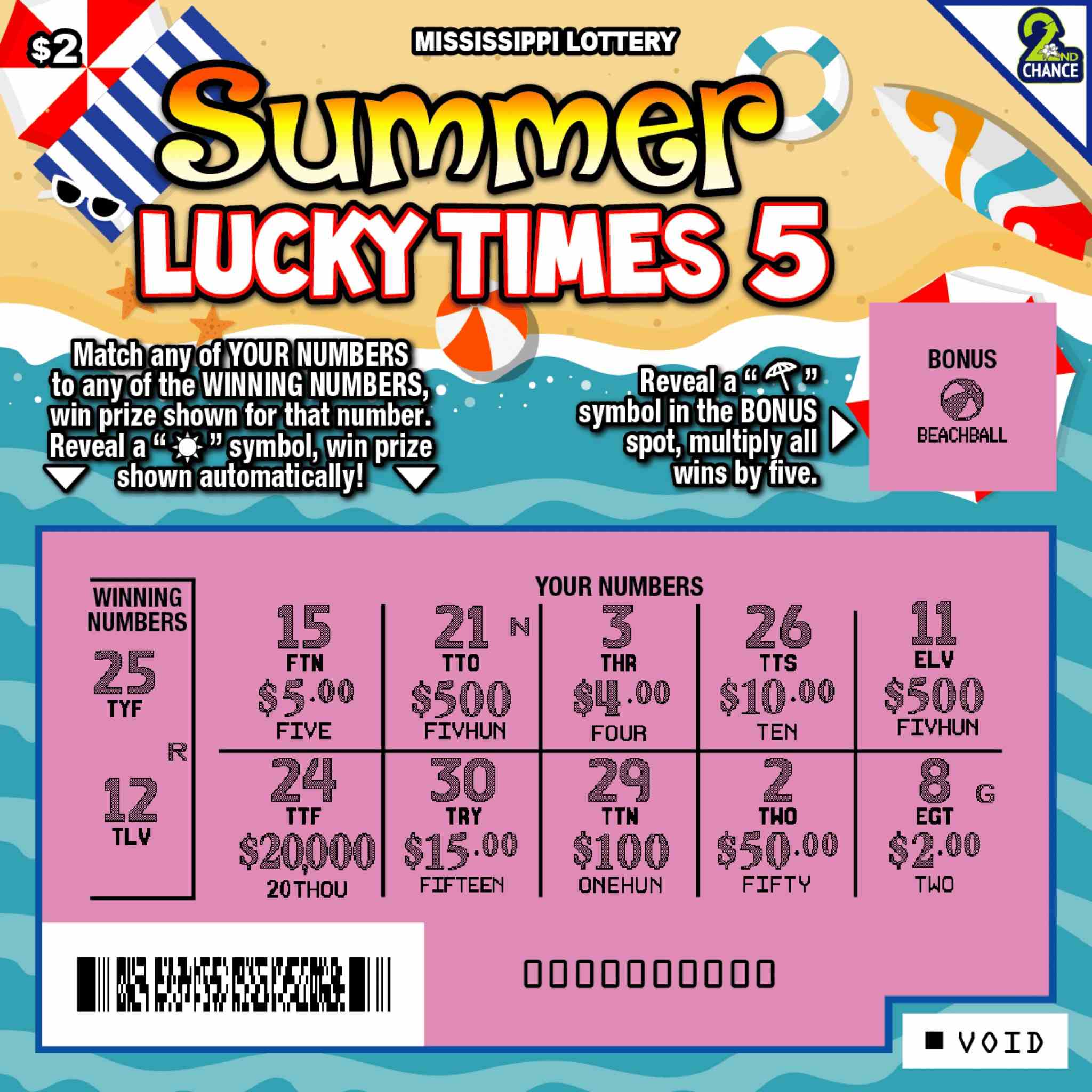Summer Lucky Times 5 scratchcard - game number #97 - front-scratched