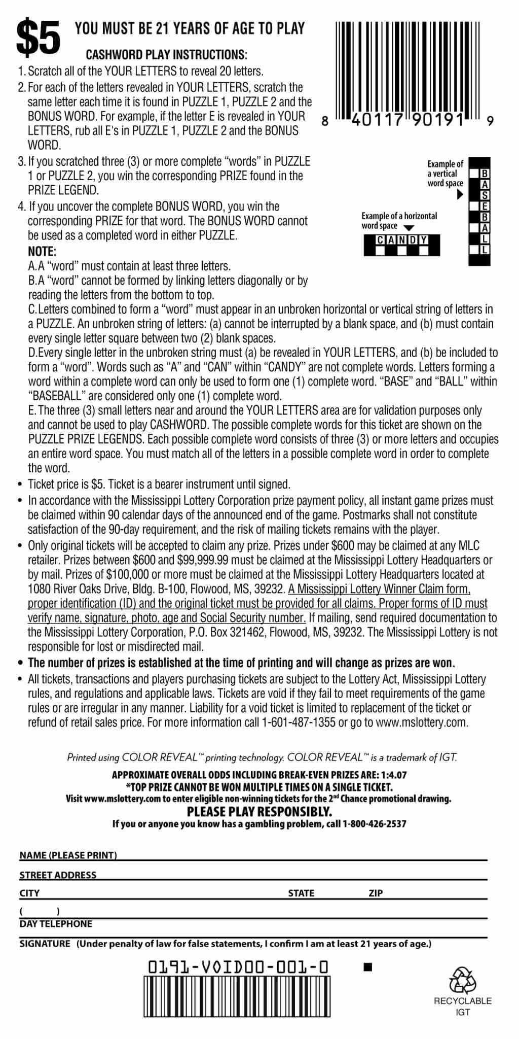 Super Cashword scratchcard - game number #191 - back