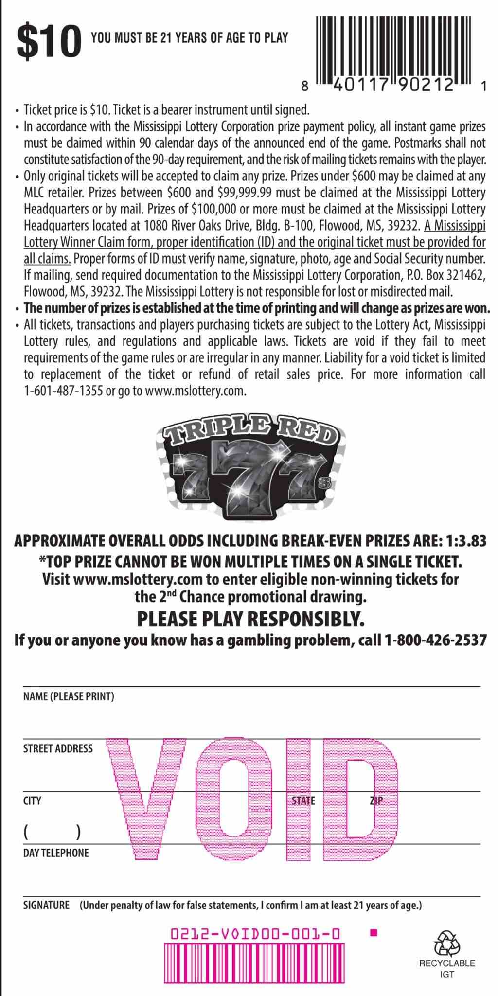 Triple Red 7S scratchcard - game number #212 - back