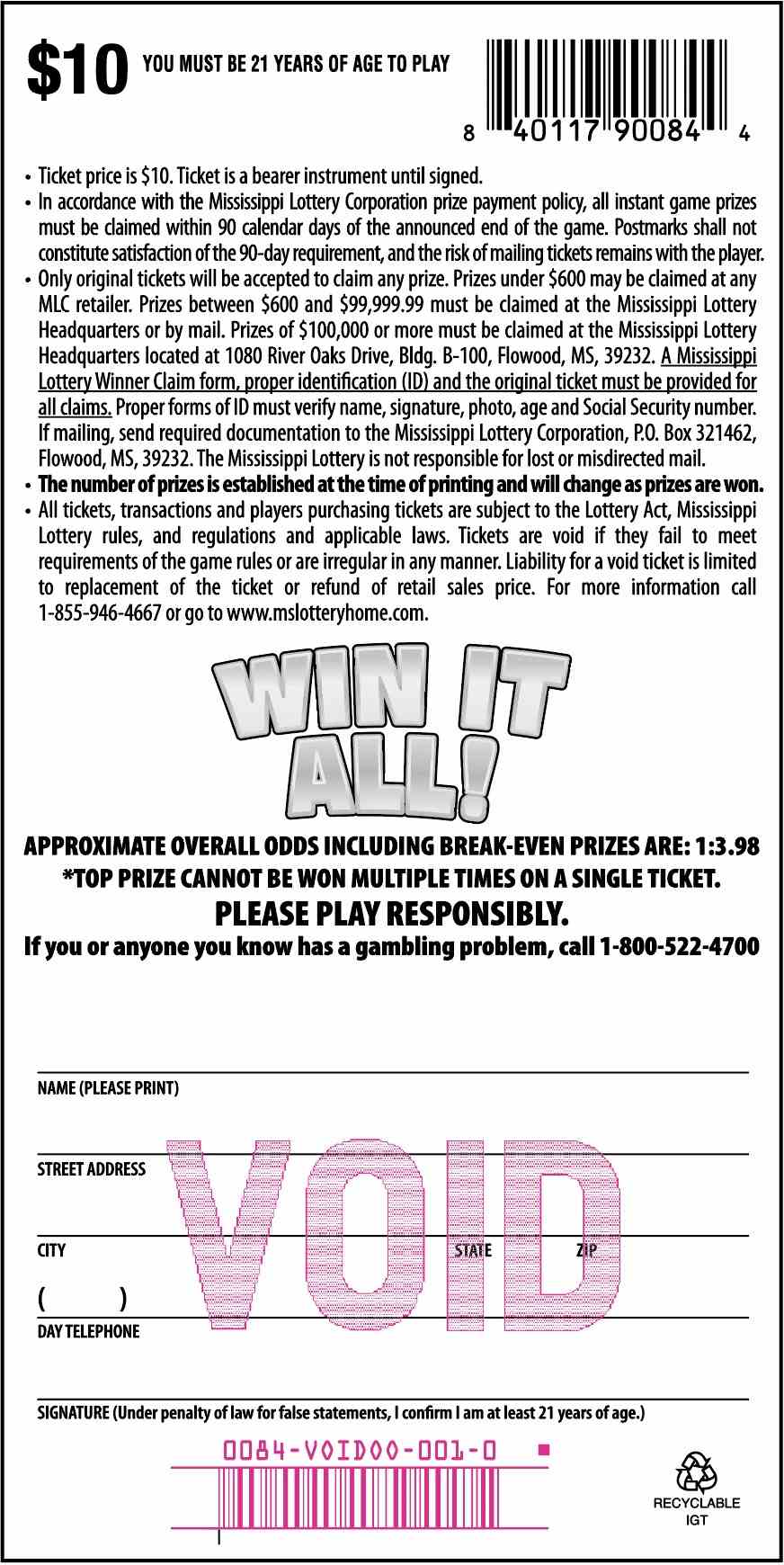 Win It All scratchcard - game number #84 - back