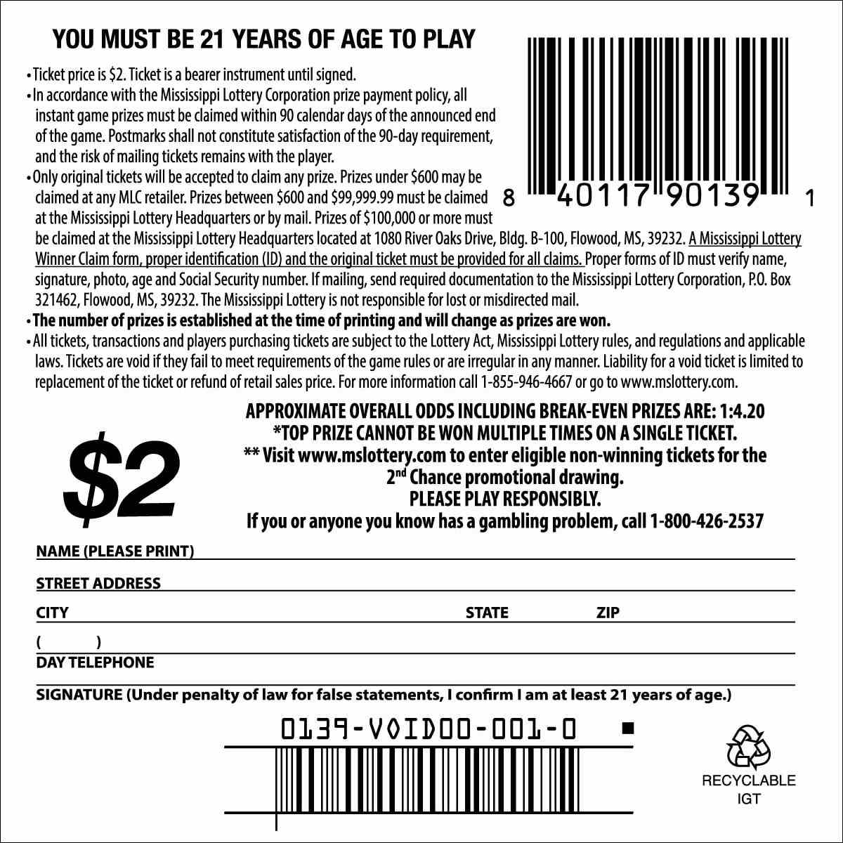 Win Win Win scratchcard - game number #139 - back