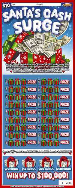 Santa's Cash Surgenew! scratchcard - game number #1104 - front