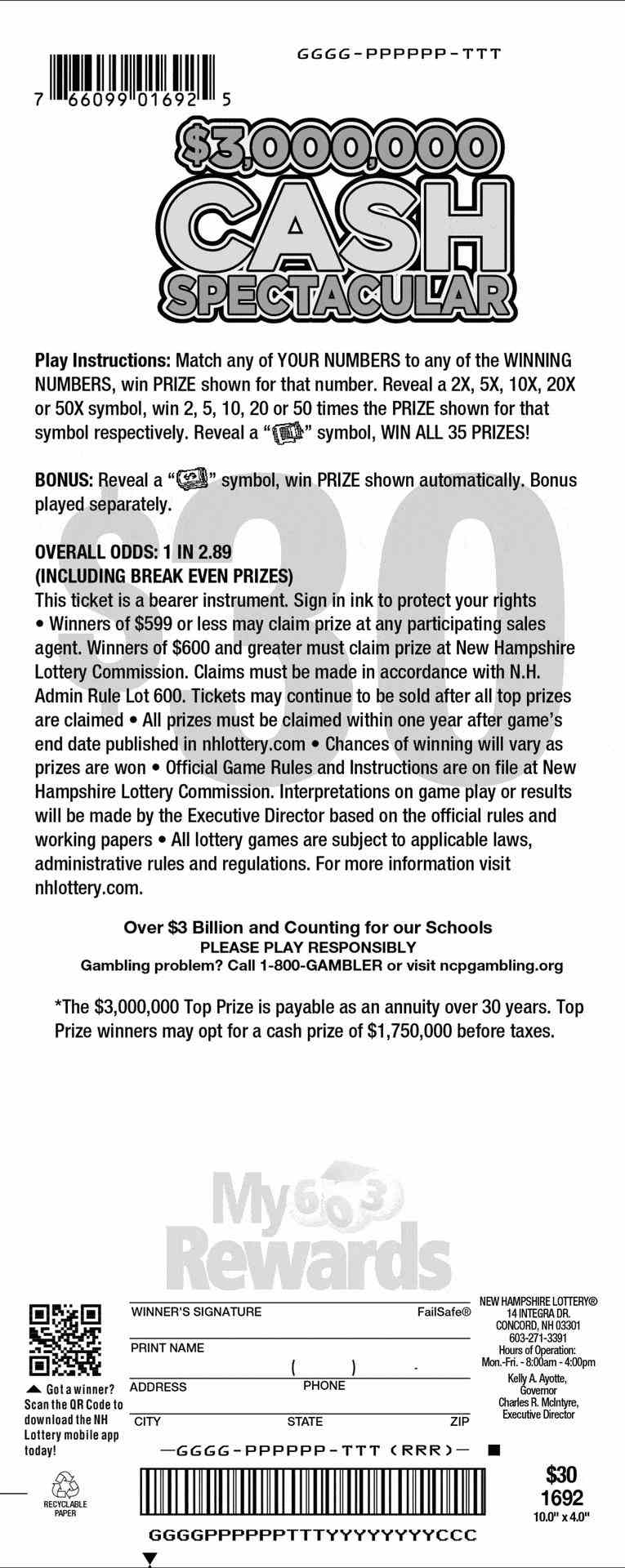 $3,000,000 Cash Spectacular scratchcard - game number #1692 - front