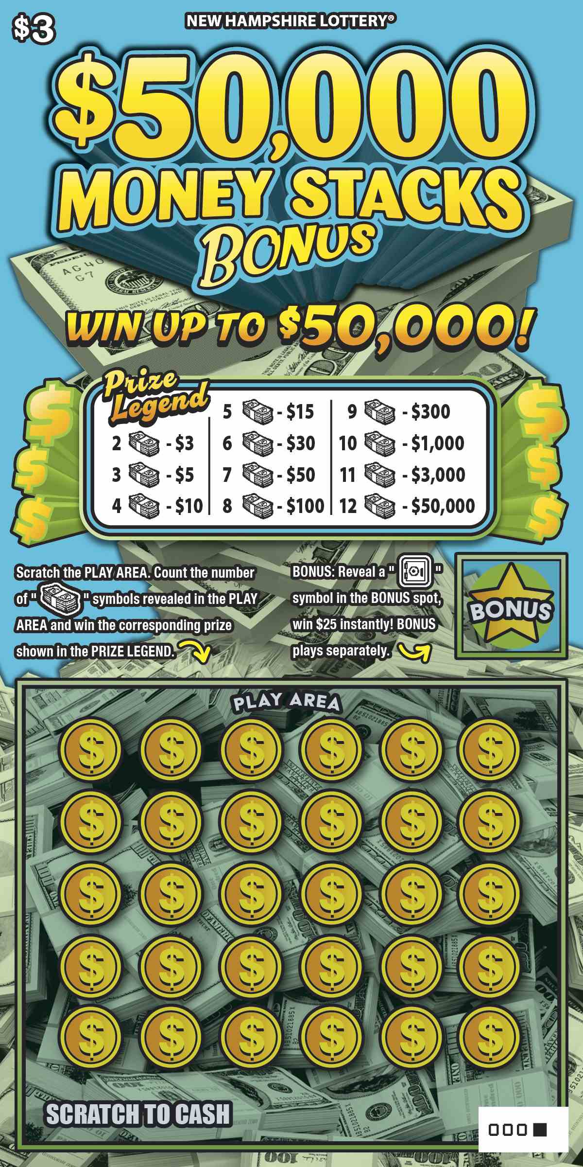 $50,000 Money Stacks Bonus scratchcard - game number #1626 - front