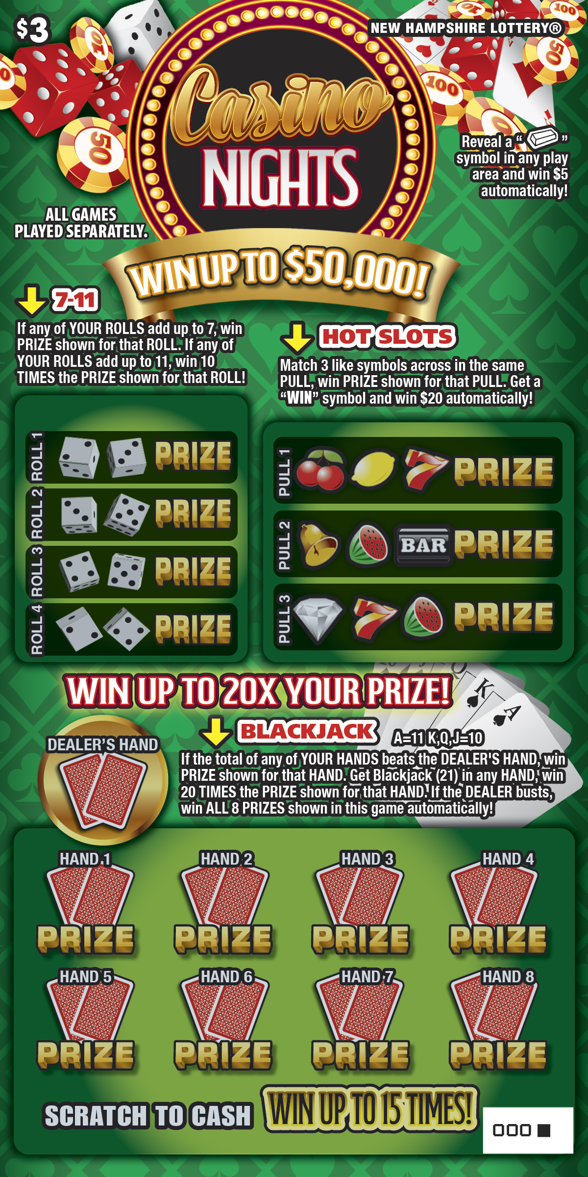 Casino Nights scratchcard - game number #1695 - front