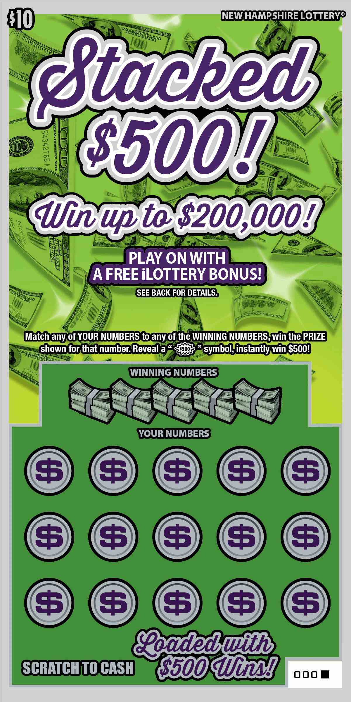 Festive $500! / Stacked $500! scratchcard - game number #1578 - front