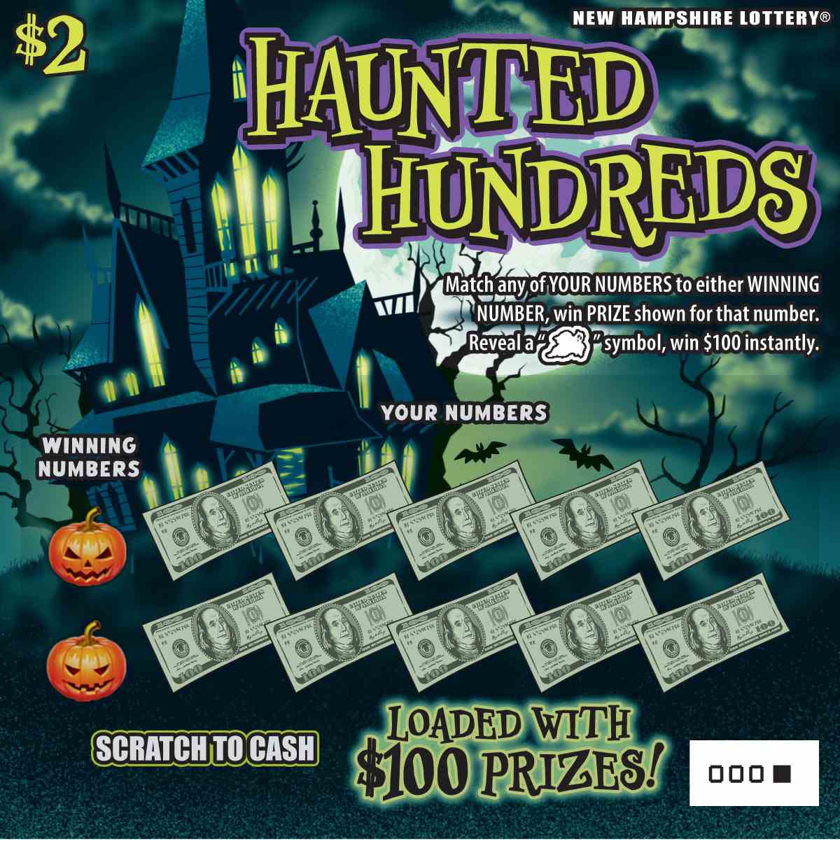 Haunted Hundreds scratchcard - game number #1672 - front