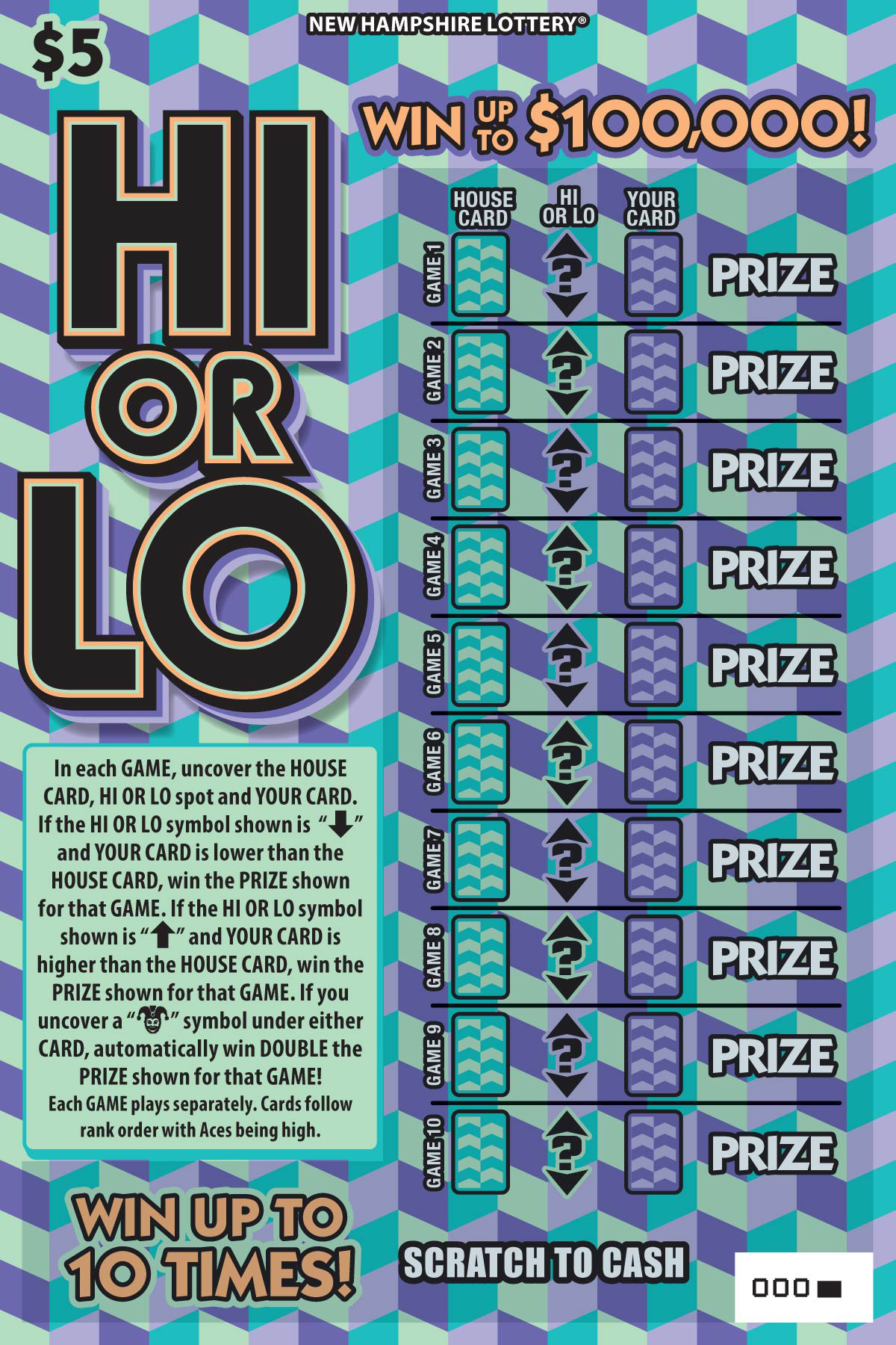 Hi Or Lo scratchcard - game number #1668 - front