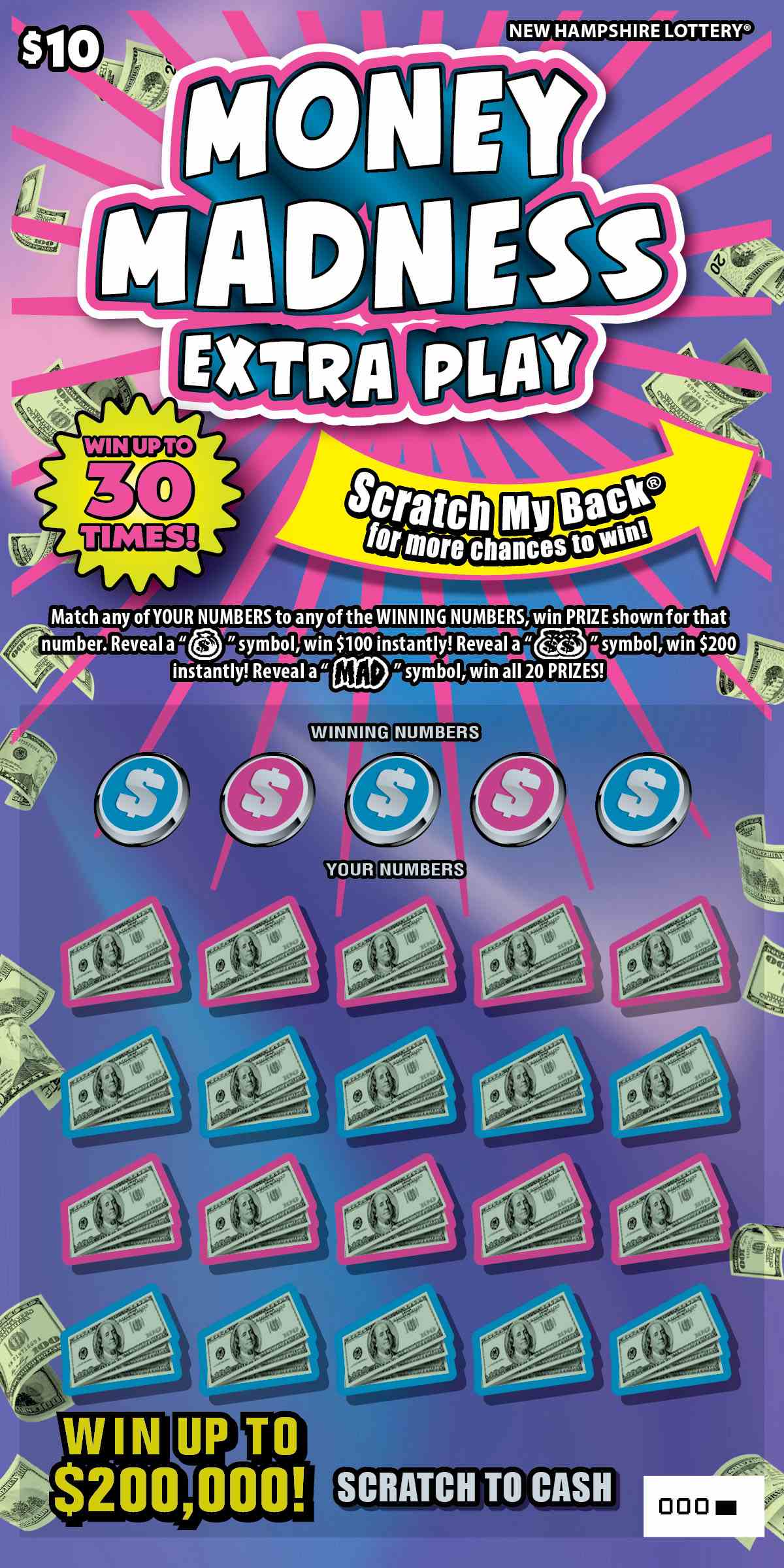 Money Madness Extra Play scratchcard - game number #1702 - front