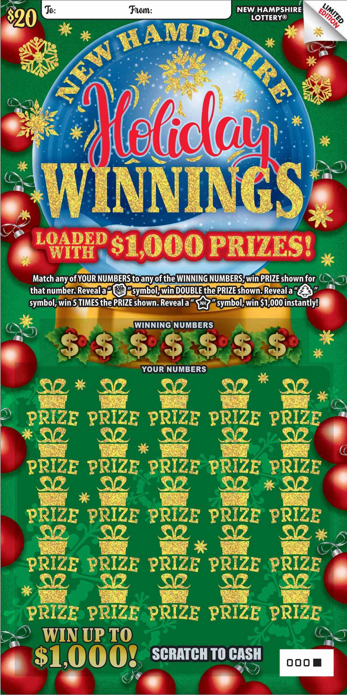 New Hampshire Holiday Winnings scratchcard - game number #1681 - front