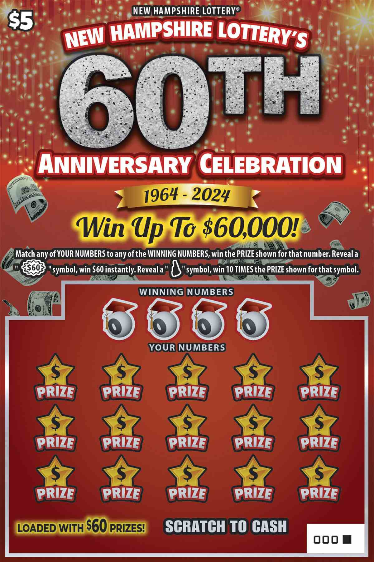 New Hampshire Lottery’s 60th Anniversary Celebration scratchcard - game number #1620 - front