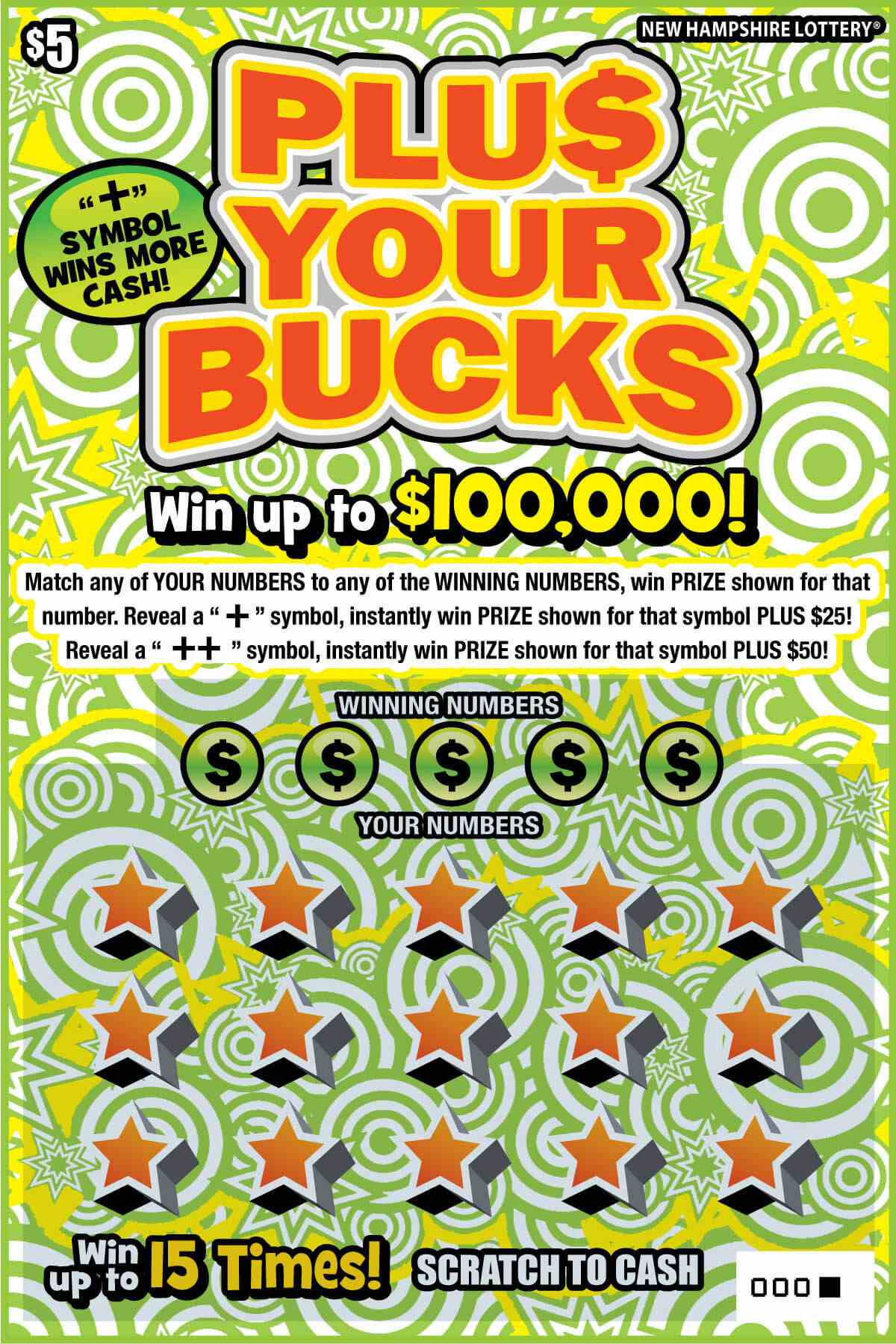 Plu$ Your Bucks scratchcard - game number #1568 - front