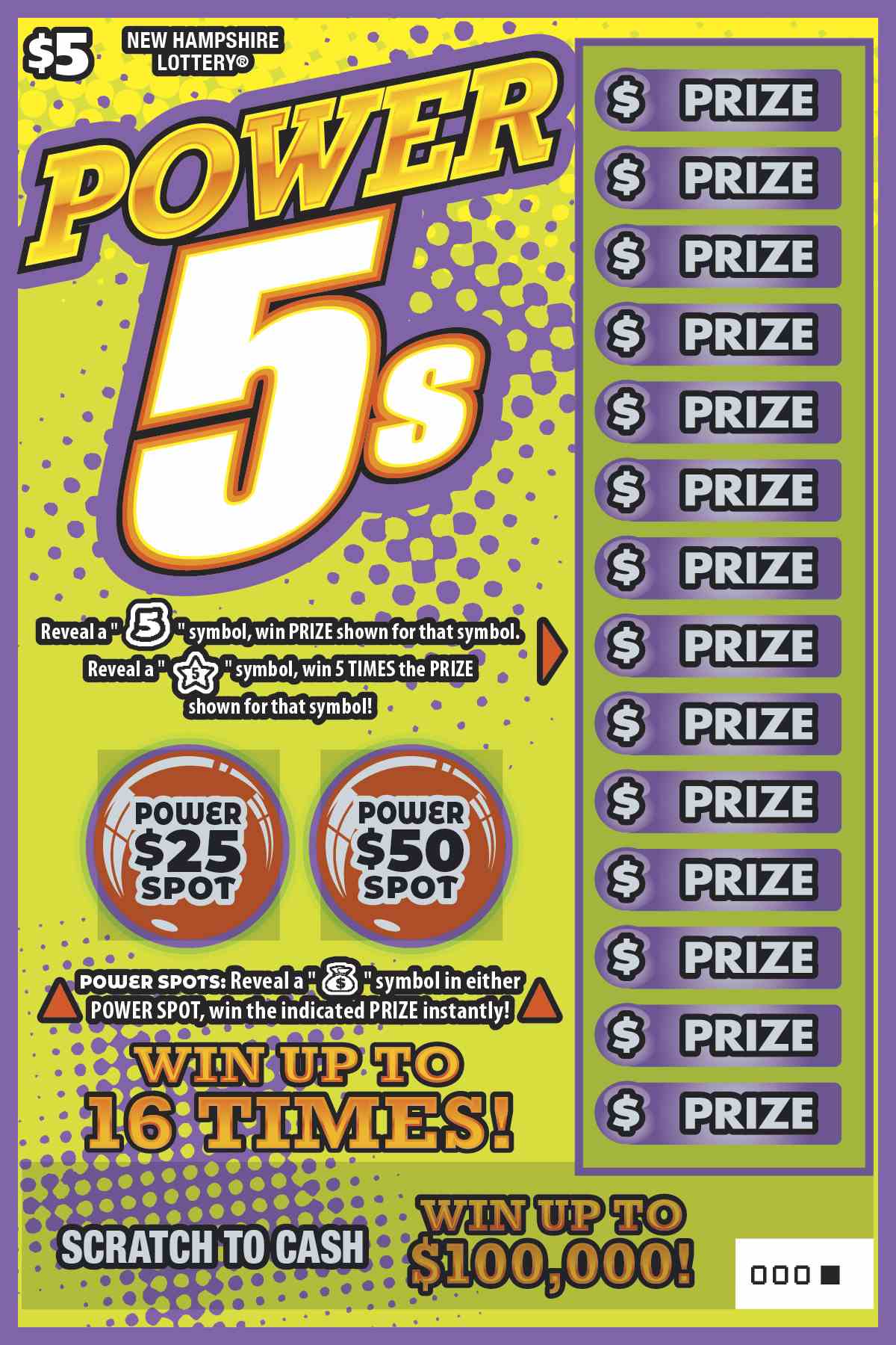 Power 5s scratchcard - game number #1623 - front