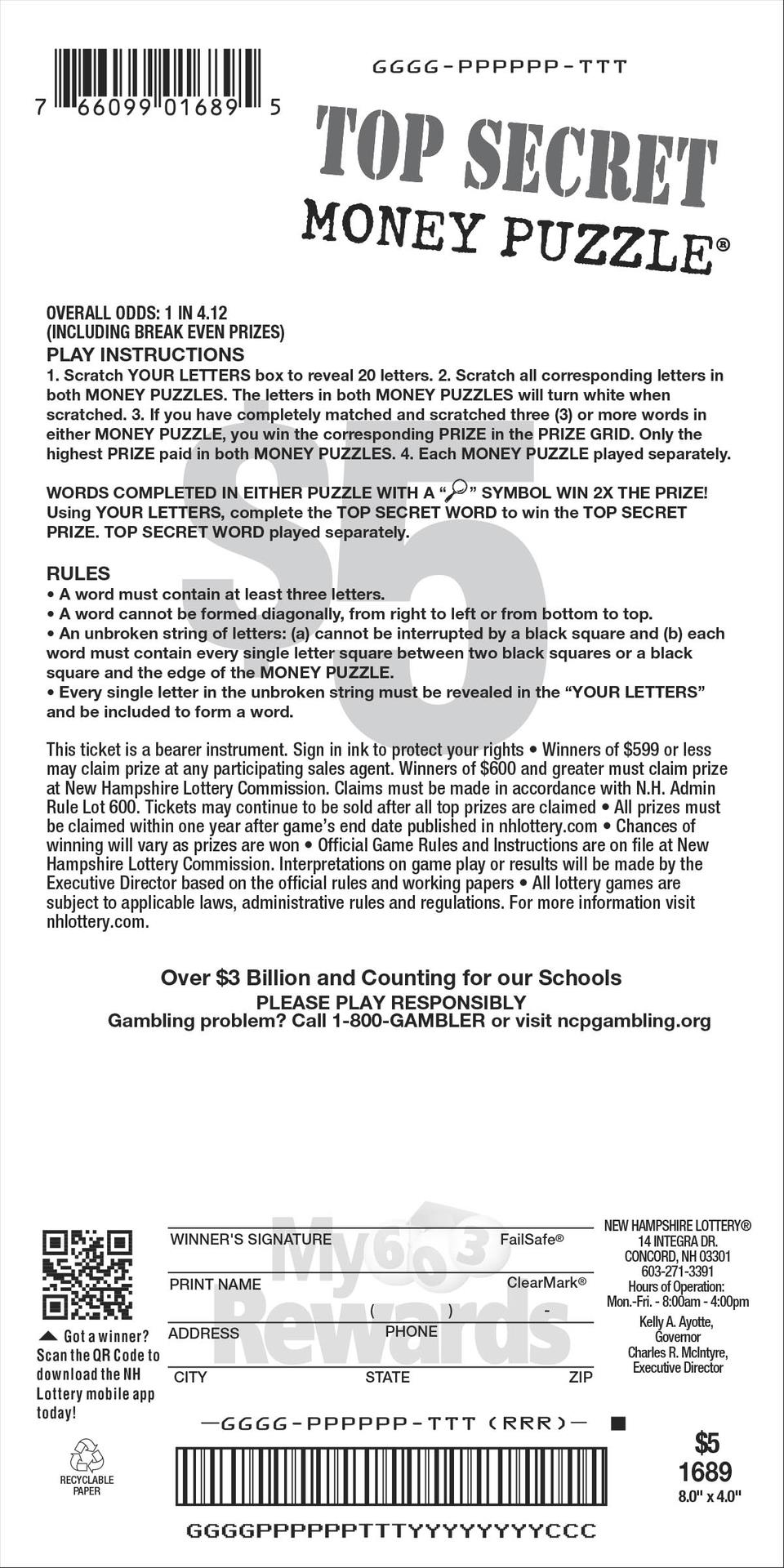 Top Secret Money Puzzle scratchcard - game number #1689 - front