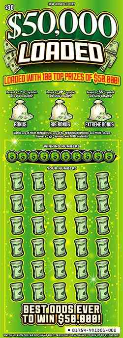 $50,000 Loaded scratchcard - game number #1754 - front