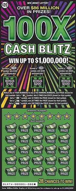 100X Cash Blitz scratchcard - game number #1874 - front