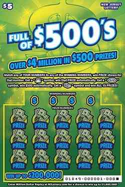 Full of $500's scratchcard - game number #1849 - front