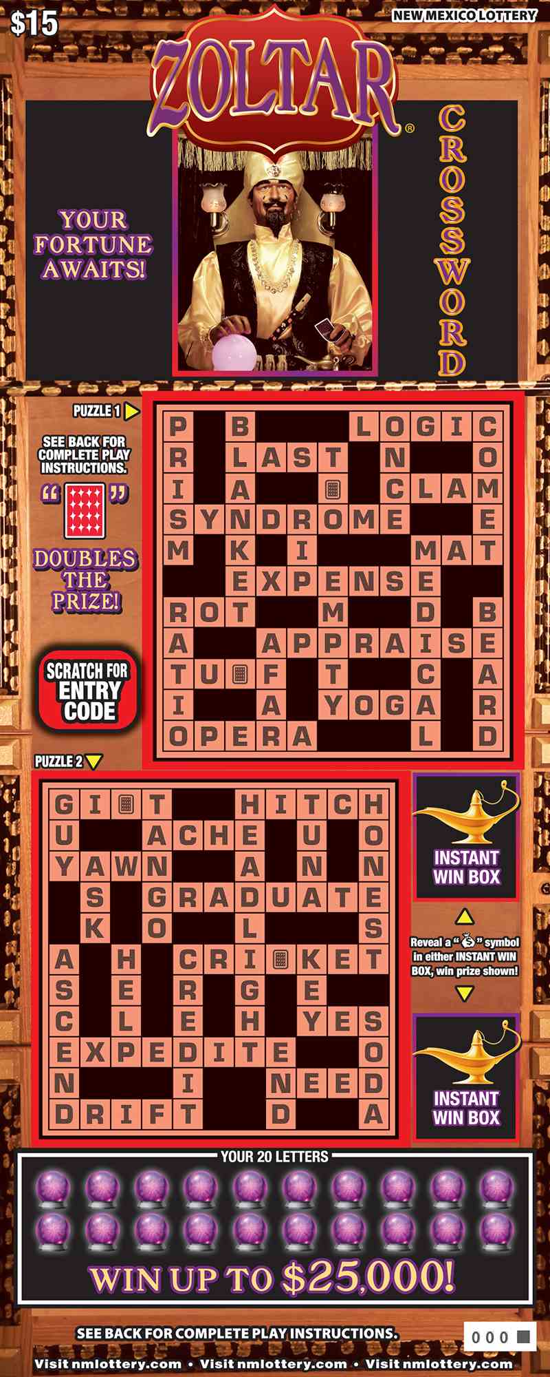 Zoltar® Crossword scratchcard - game number #691 - front