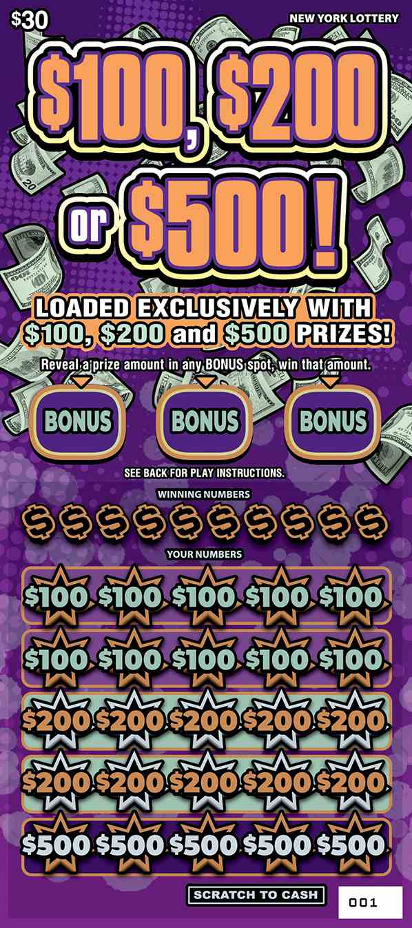 $100, $200 0R $500 scratchcard - game number #1629 - front