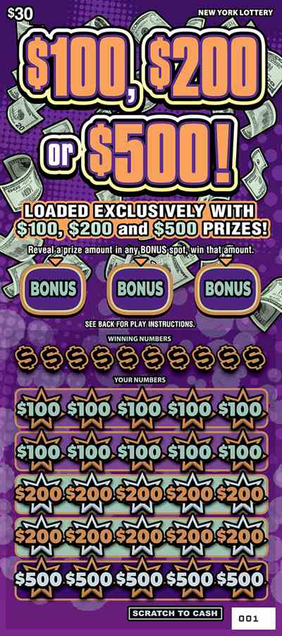 $100, $200 0R $500 scratchcard - game number #1629 - front