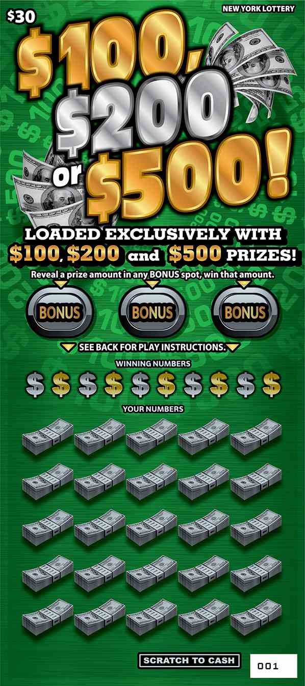 $100, $200 OR $500 scratchcard - game number #1565 - front