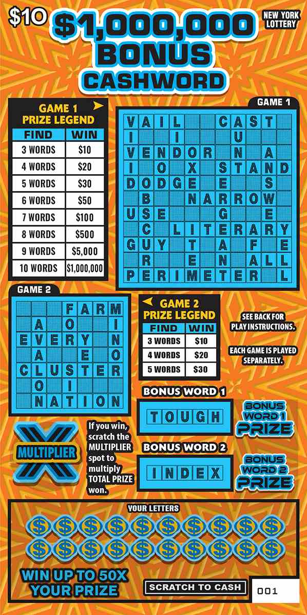 $1,000,000 Bonus Cashword scratchcard - game number #1666 - front