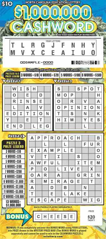 $1,000,000 Cashword scratchcard - game number #943 - front-scratched