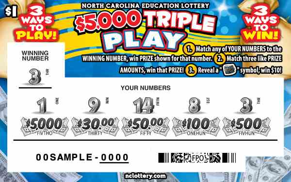 $5,000 Triple Play scratchcard - game number #993 - front-scratched