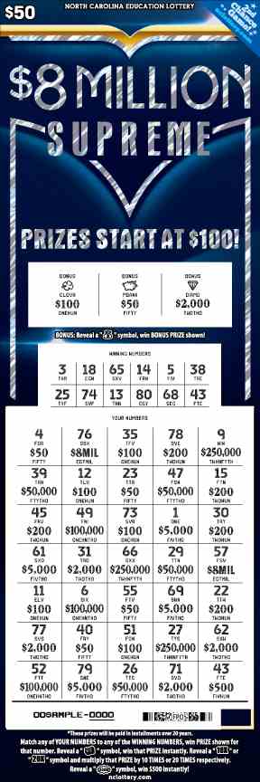 $8 Million Supreme scratchcard - game number #62 - front-scratched