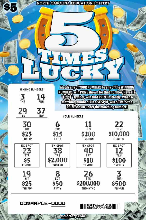 5 Times Lucky scratchcard - game number #1 - front-scratched
